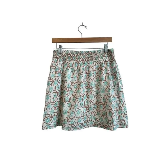 Lilla P Smocked Waist Cotton Voile Pockets Skirt in Aquamarine Print Size Medium