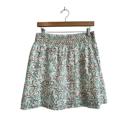 Lilla P Smocked Waist Cotton Voile Pockets Skirt in Aquamarine Print Size Medium