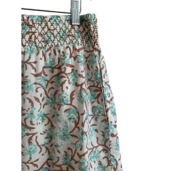 Lilla P Smocked Waist Cotton Voile Pockets Skirt in Aquamarine Print Size Medium