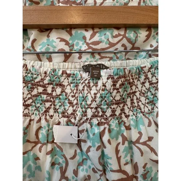 Lilla P Smocked Waist Cotton Voile Pockets Skirt in Aquamarine Print Size Medium