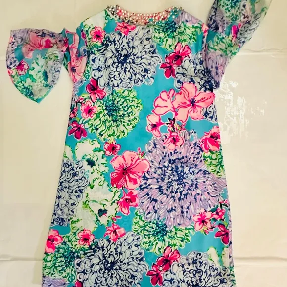 Lilly Pulitzer Elenora Silk Dress W/ Jeweled Neckline, XS