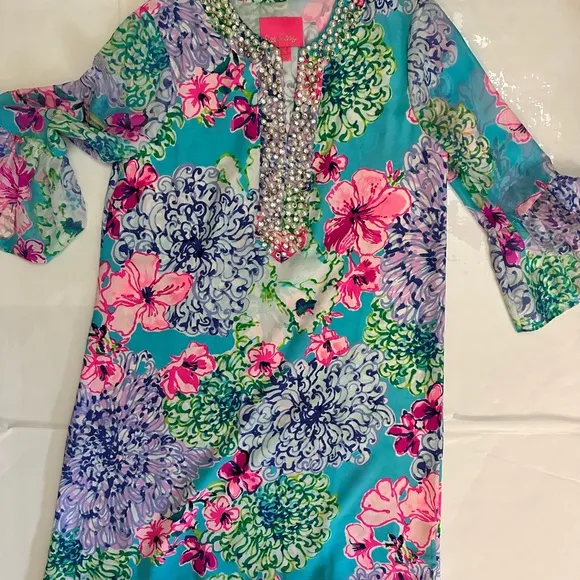 Lilly Pulitzer Elenora Silk Dress W/ Jeweled Neckline, XS