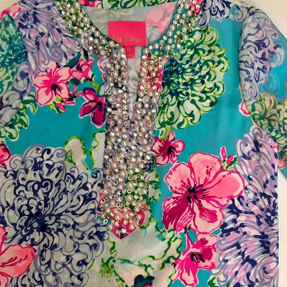 Lilly Pulitzer Elenora Silk Dress W/ Jeweled Neckline, XS