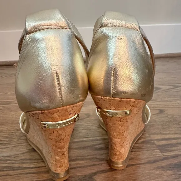 Lilly Pulitzer Kayla Wedge Cork Gold Leather Sandals Size 9.5