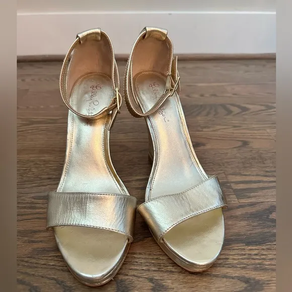 Lilly Pulitzer Kayla Wedge Cork Gold Leather Sandals Size 9.5