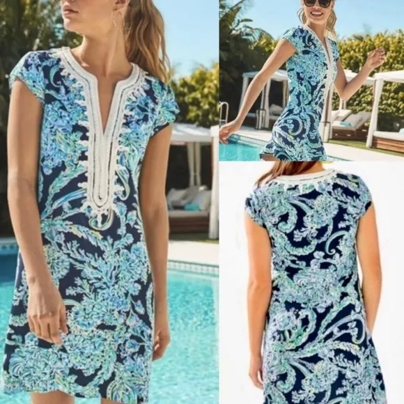 Lilly Pulitzer Madia Tunic Dress High Tide Navy Scuba Doo White Green Size XXS