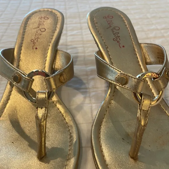 Lilly Pulitzer McKim wedge sandals thong gold leather women’s size 8 1/2 M