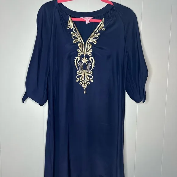 Lilly Pulitzer Navy Embroidered Tunic Dress Size S – Resort Wear Boho Chi