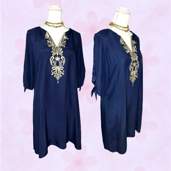 Lilly Pulitzer Navy Embroidered Tunic Dress Size S – Resort Wear Boho Chi