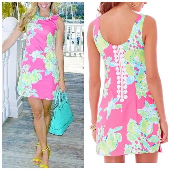 Lilly Pulitzer Pink Lemonade Delia Sleeveless Shift Dress Lime Lemon Size 0 EUC