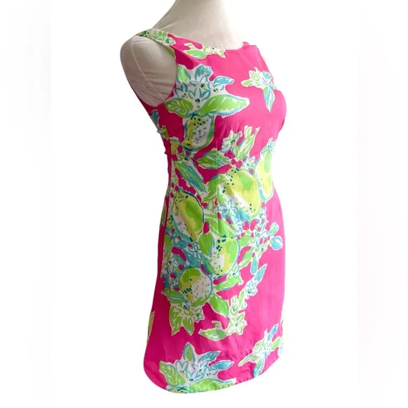 Lilly Pulitzer Pink Lemonade Delia Sleeveless Shift Dress Lime Lemon Size 0 EUC