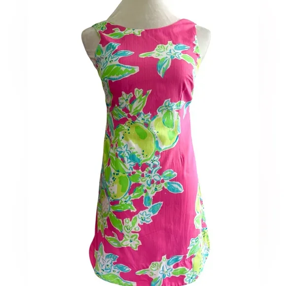 Lilly Pulitzer Pink Lemonade Delia Sleeveless Shift Dress Lime Lemon Size 0 EUC