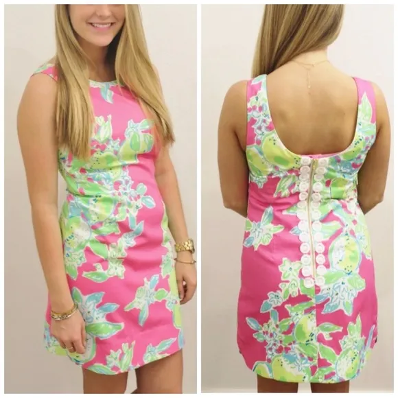 Lilly Pulitzer Pink Lemonade Delia Sleeveless Shift Dress Lime Lemon Size 0 EUC