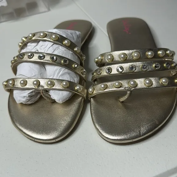 Lilly Pulitzer Tabbie Sandal Gold Metallic 9.5 M pearl and rhinestones A00080