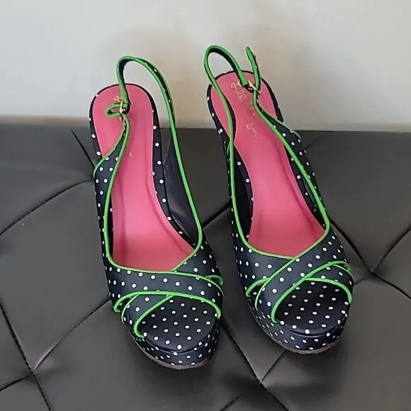 Lilly Pulitzer Polka Dot Wedge Peep Toe Sandals Navy White