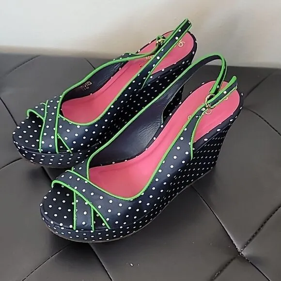 Lilly Pulitzer Polka Dot Wedge Peep Toe Sandals Navy White