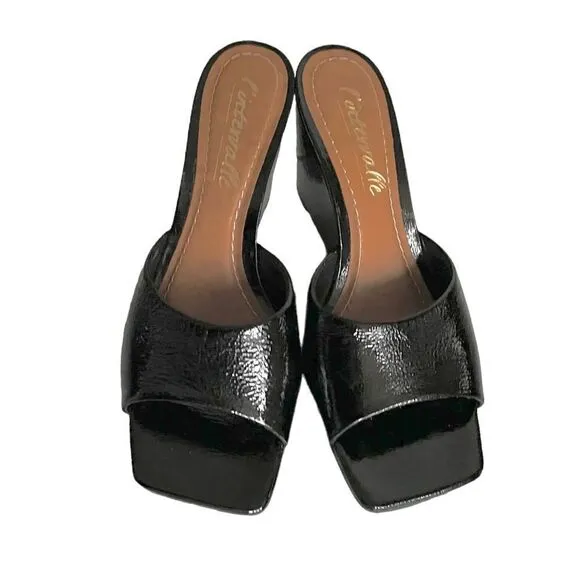 L’INTERVALLE Black Patent Leather Square Toe Wedge Sandals Shoes 10