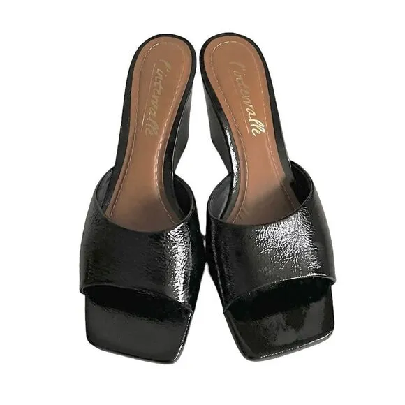 L’INTERVALLE Black Patent Leather Square Toe Wedge Sandals Shoes 10