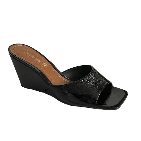 L’INTERVALLE Black Patent Leather Square Toe Wedge Sandals Shoes 10