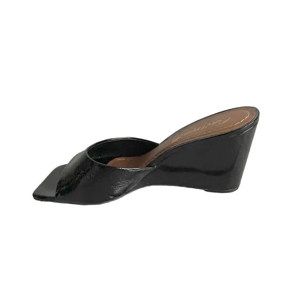 L’INTERVALLE Black Patent Leather Square Toe Wedge Sandals Shoes 10