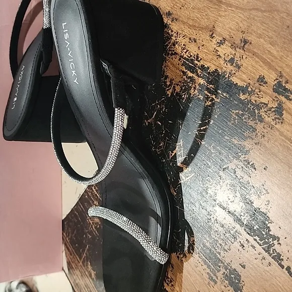 Lisa Vicky Mood Hotfix Sandals In Black W9 Rhinestones Straps Silver New!