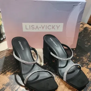 Lisa Vicky Mood Hotfix Sandals In Black W9 Rhinestones Straps Silver New!