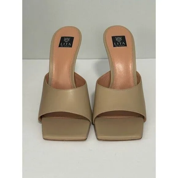 LITA by Ciara Mule Sandals Square Toe Stiletto Heels Leather Beige 42/11 NIB