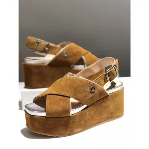 Liu Jo Womens Ester Zeppa Platform Wedge Sandals 37 Tan Leather Suede Wedge Shoe