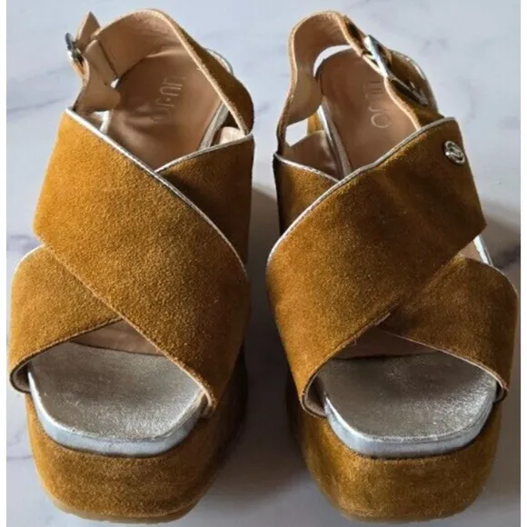 Liu Jo Womens Ester Zeppa Platform Wedge Sandals 37 Tan Leather Suede Wedge Shoe
