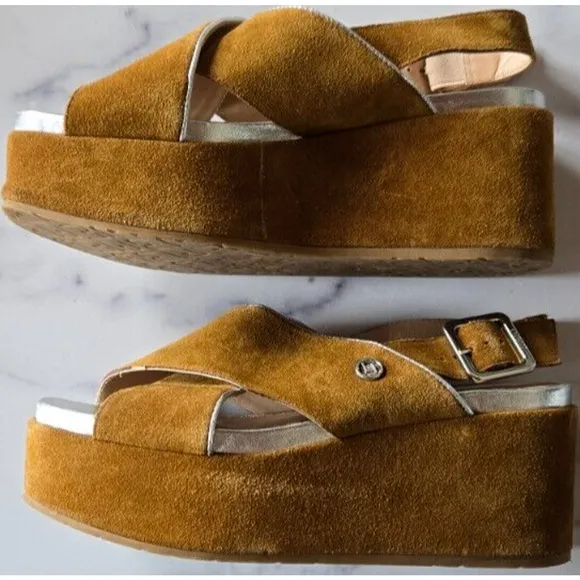 Liu Jo Womens Ester Zeppa Platform Wedge Sandals 37 Tan Leather Suede Wedge Shoe