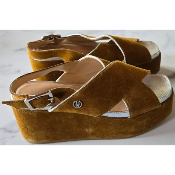 Liu Jo Womens Ester Zeppa Platform Wedge Sandals 37 Tan Leather Suede Wedge Shoe