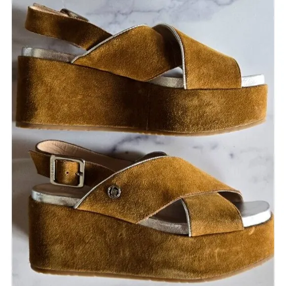 Liu Jo Womens Ester Zeppa Platform Wedge Sandals 37 Tan Leather Suede Wedge Shoe