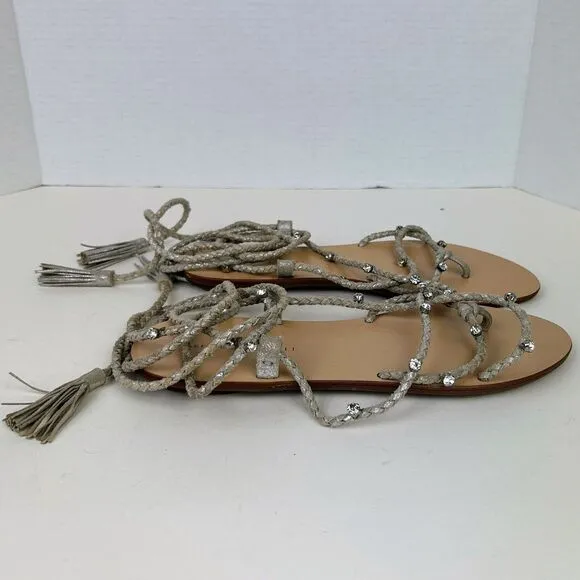 LOEFFLER RANDALL Bo Crystal Embellished Braided Ankle Tie Sandals Metallic Sz 8