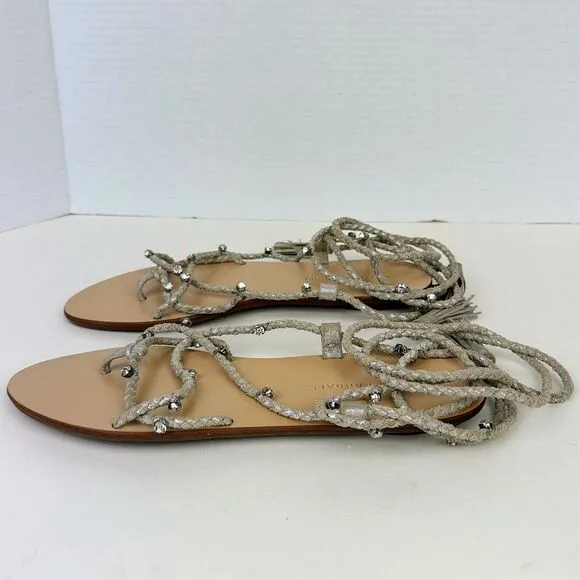 LOEFFLER RANDALL Bo Crystal Embellished Braided Ankle Tie Sandals Metallic Sz 8