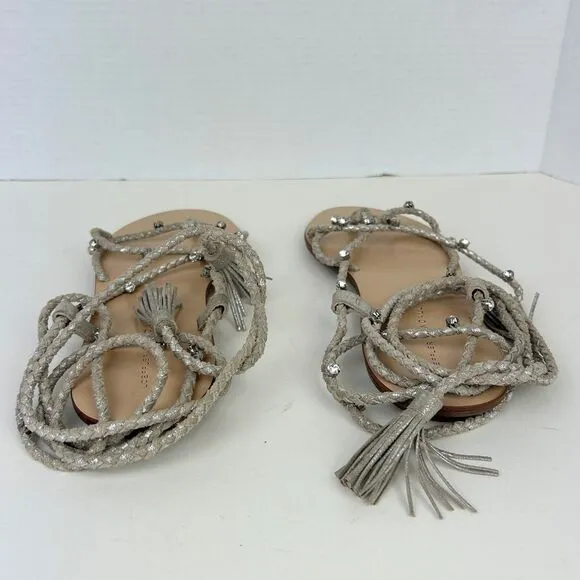 LOEFFLER RANDALL Bo Crystal Embellished Braided Ankle Tie Sandals Metallic Sz 8
