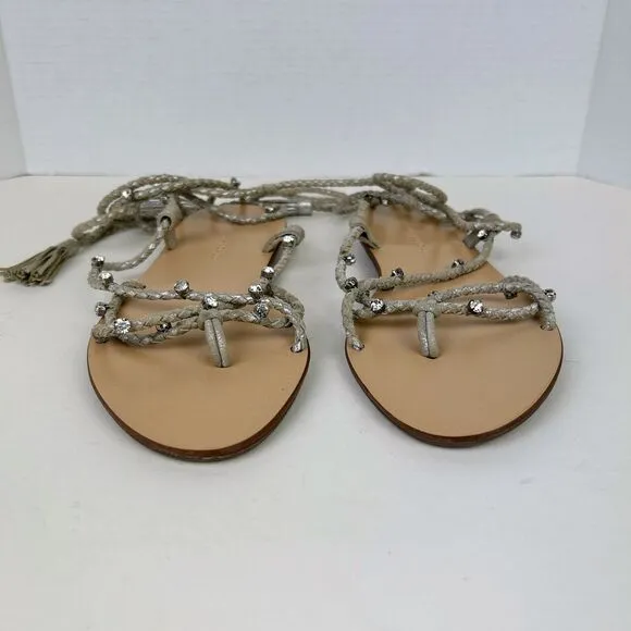 LOEFFLER RANDALL Bo Crystal Embellished Braided Ankle Tie Sandals Metallic Sz 8