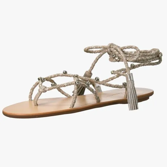 LOEFFLER RANDALL Bo Crystal Embellished Braided Ankle Tie Sandals Metallic Sz 8