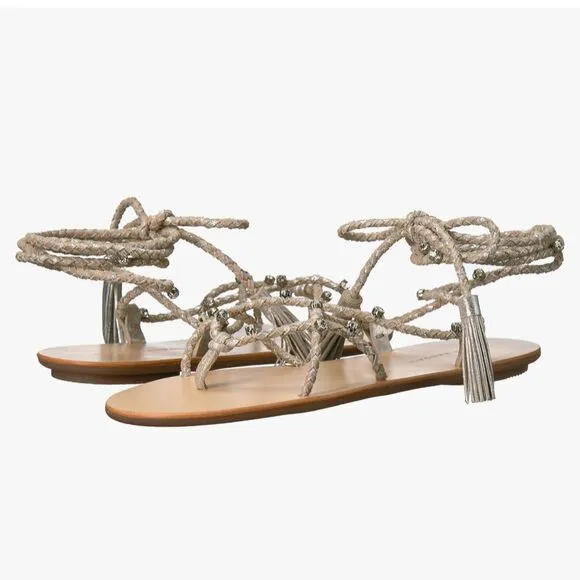 LOEFFLER RANDALL Bo Crystal Embellished Braided Ankle Tie Sandals Metallic Sz 8