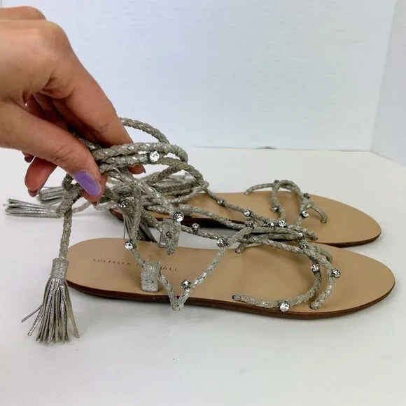 LOEFFLER RANDALL Bo Crystal Embellished Braided Ankle Tie Sandals Metallic Sz 8