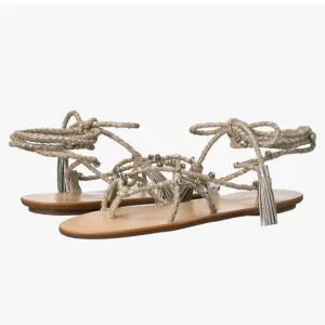 LOEFFLER RANDALL Bo Crystal Embellished Braided Ankle Tie Sandals Metallic Sz 8