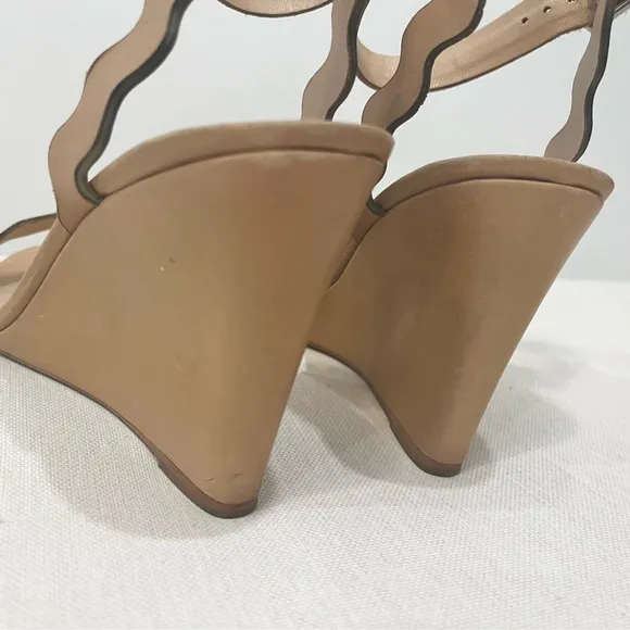 Loeffler Randall Piper Scallop Strap Nude Leather Open Toe Wedge Sandals size 9