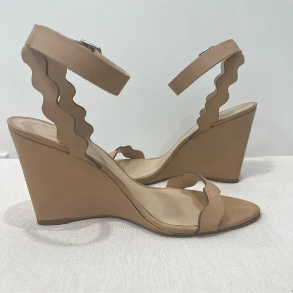 Loeffler Randall Piper Scallop Strap Nude Leather Open Toe Wedge Sandals size 9