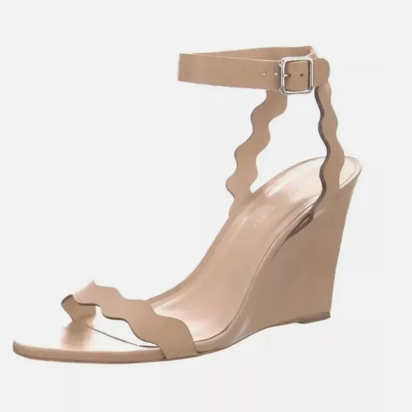 Loeffler Randall Piper Scallop Strap Nude Leather Open Toe Wedge Sandals size 9