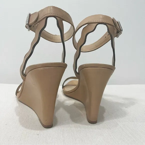Loeffler Randall Piper Scallop Strap Nude Leather Open Toe Wedge Sandals size 9
