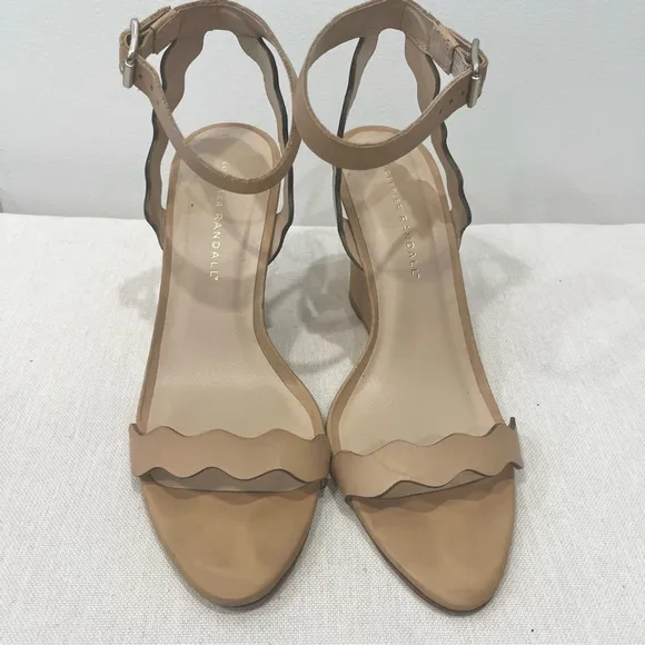 Loeffler Randall Piper Scallop Strap Nude Leather Open Toe Wedge Sandals size 9