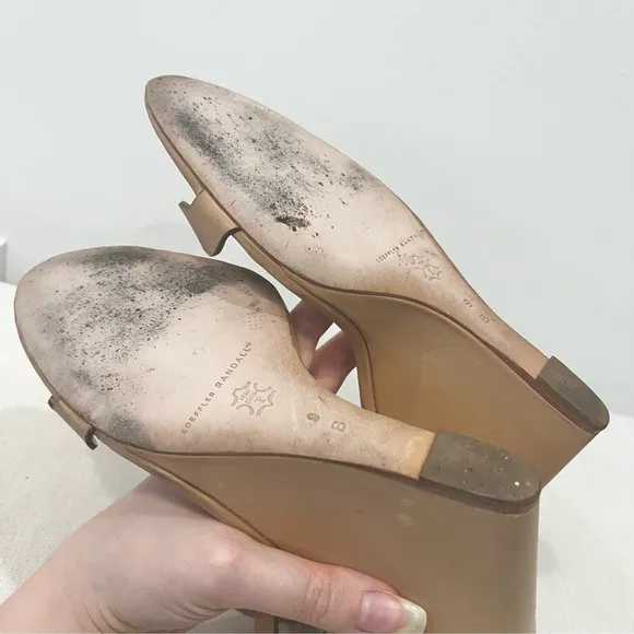 Loeffler Randall Piper Scallop Strap Nude Leather Open Toe Wedge Sandals size 9