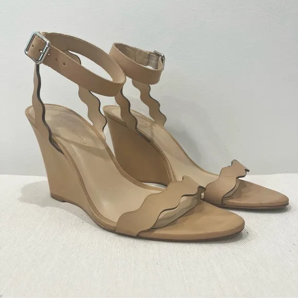 Loeffler Randall Piper Scallop Strap Nude Leather Open Toe Wedge Sandals size 9