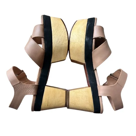 Loeffler Randall Starrett Wooden Platform Sandals Tan Leather Heels Size 7