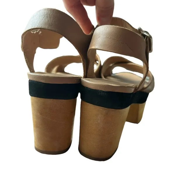 Loeffler Randall Starrett Wooden Platform Sandals Tan Leather Heels Size 7