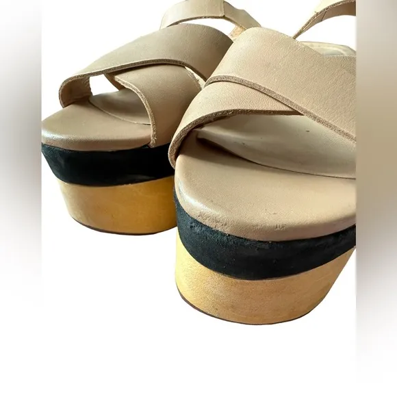 Loeffler Randall Starrett Wooden Platform Sandals Tan Leather Heels Size 7